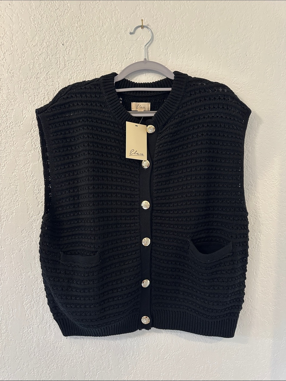 Elan Black Crochet Knit Button-Front Vest